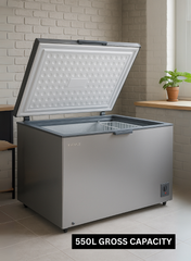 Chest Freezer VCF550 – 550 Litres Gross Capacity, Heavy DChest Freezer VCF550 – 550 Litres Gross CaVenus Chest Freezer VCF550 – 550 Liters Gross Capacity, Heavy Duty Compressor, Glossy Silver Finish, R600a Eco-Friendly Refrigerant, Top Sliding Glass Door