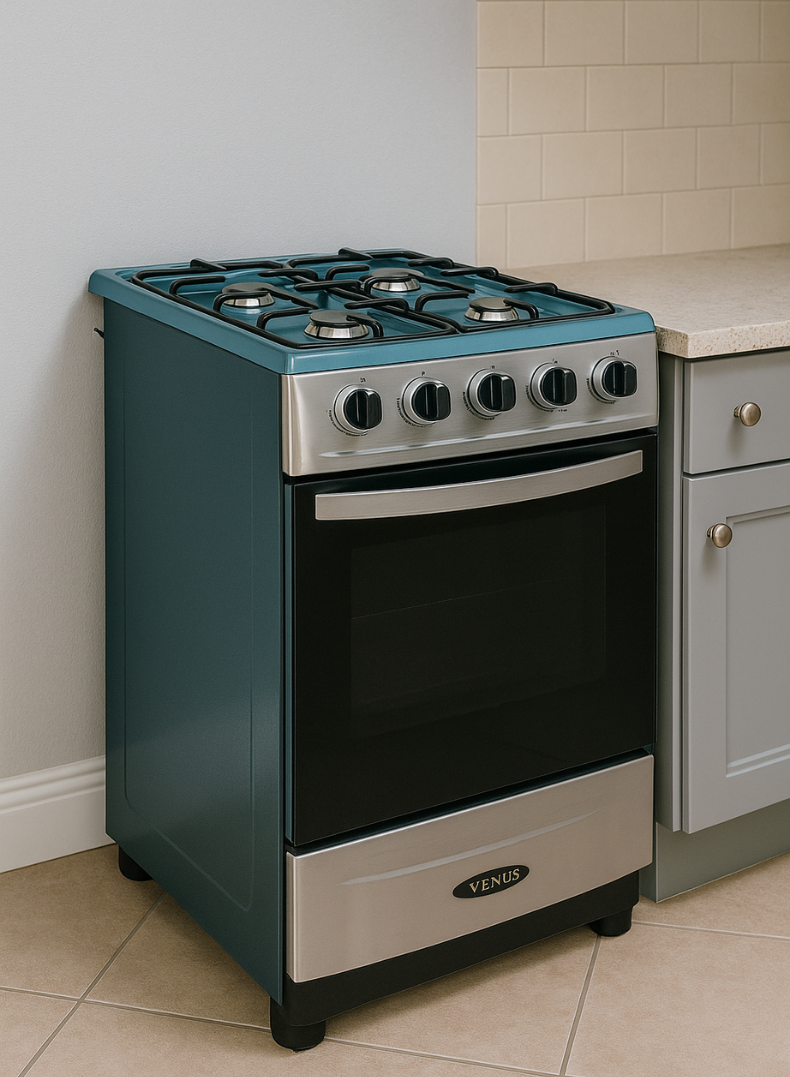 Venus 55x50 cm Full Stainless Steel Cooking Range | 4 Gas Burners with Thick Brass Burner Caps | Gas Oven with Mirror Finish Glass Door | Automatic Ignition | Compact Premium Design. Model VC5555ESD