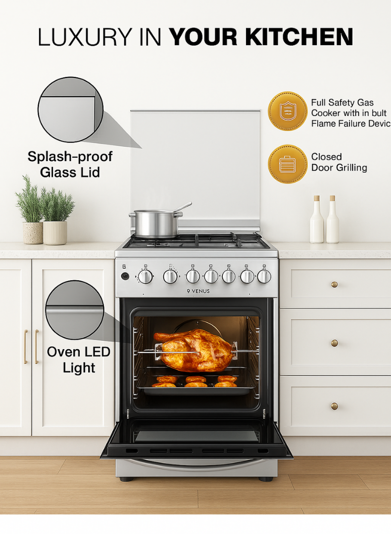 Venus 60x60 cm Stainless Steel Cooking Range | 4 Euro-Pool Gas Burners | Full Safety in Hob, Oven & Grill | Full Auto-Ignition | Cast Futura Gas Oven & Grill | Made in Turkey – Model VC6641GLX