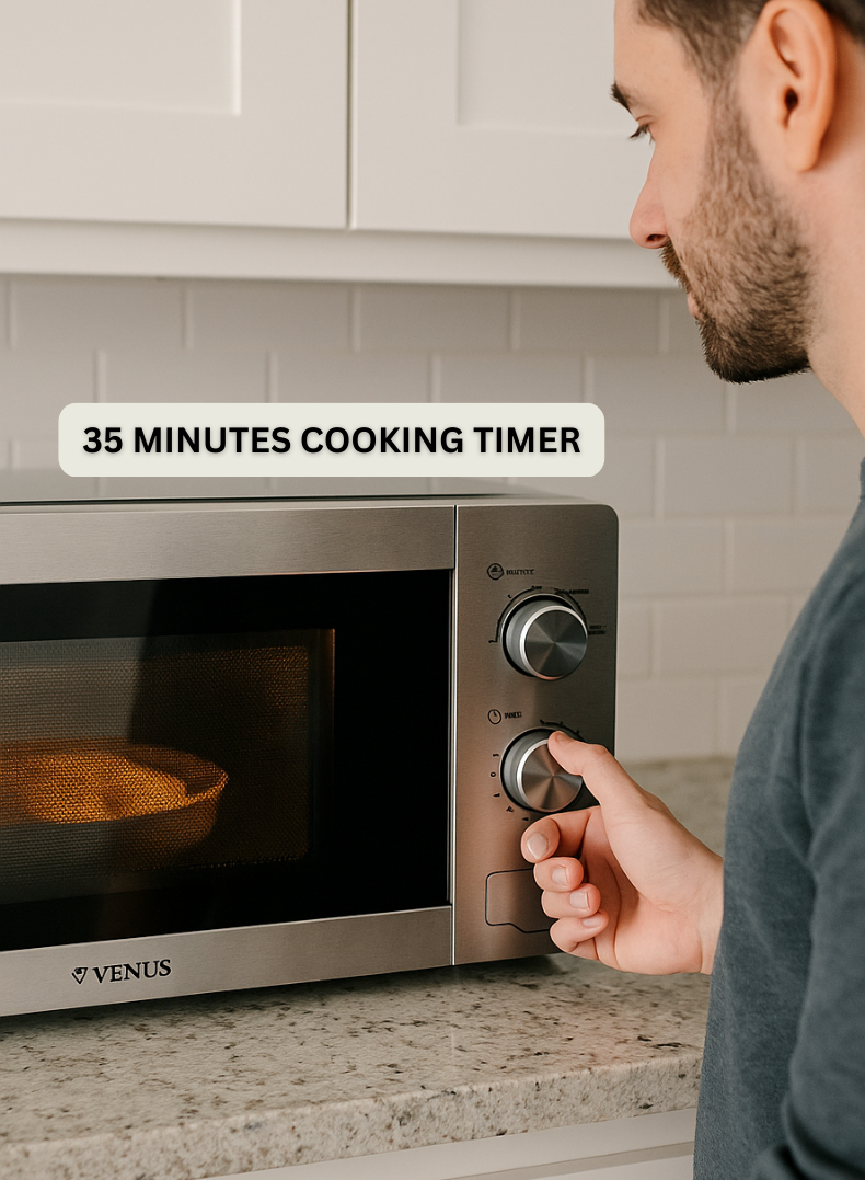 VENUS VMO-20SS 20L Microwave Oven | Silver, Stainless Steel Body, Chrome Finish Knobs, Push-Button Automatic Door – Compact & Stylish Design-one year warranty.