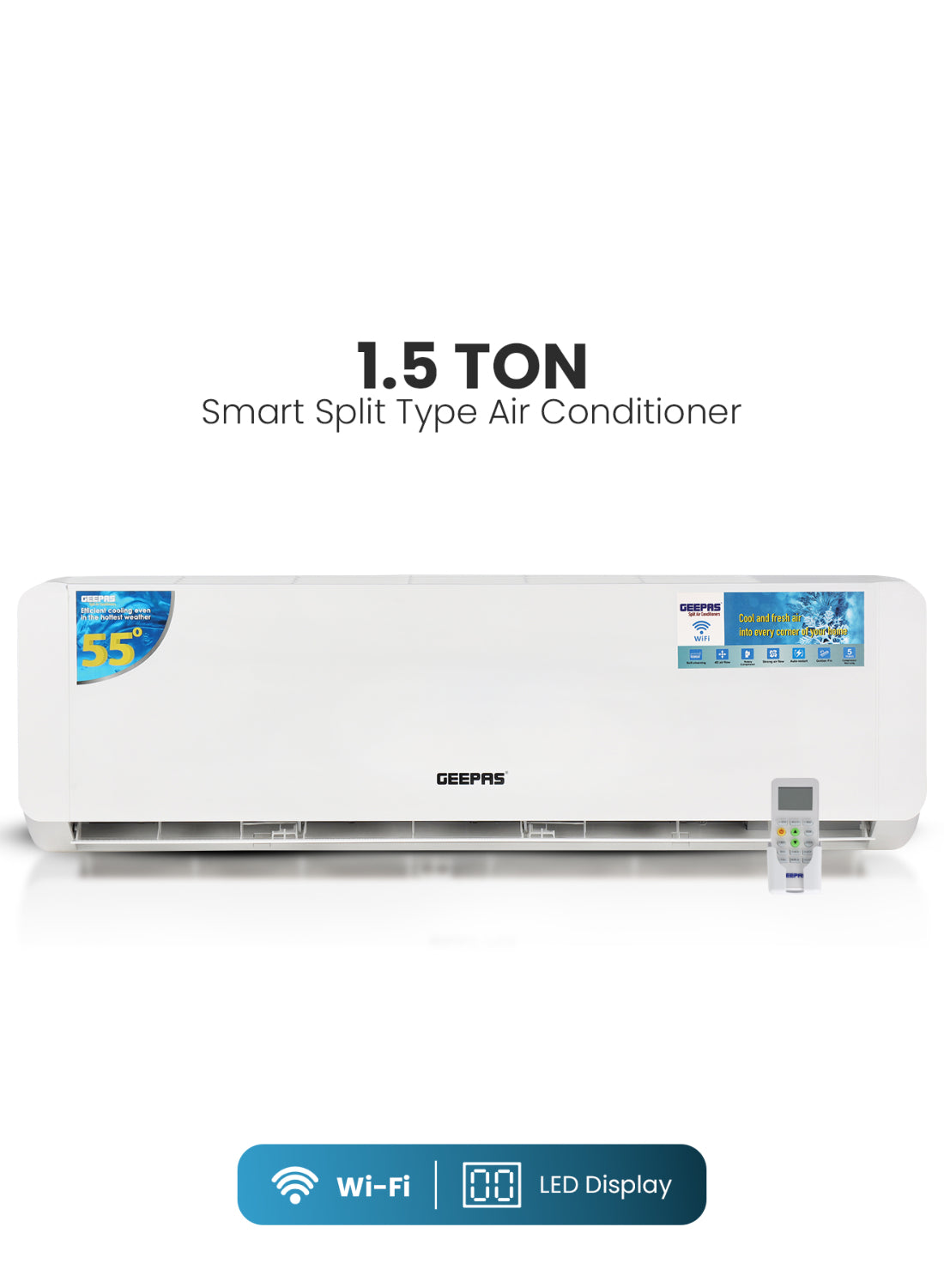 Geepas 1.5 Ton Split Type Air Conditioner| 18500 BTU Capacity LED Display, Auto Restart, Energy-Saving, Strong Airflow, Modern Design| GACS1825CUE