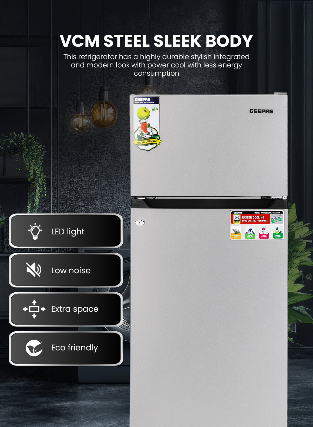 GEEPAS 240L Gross/205L Net Capacity Double Door Defrost Refrigerator 37L Freezer Capacity 265 L GRF2400SXE Silver