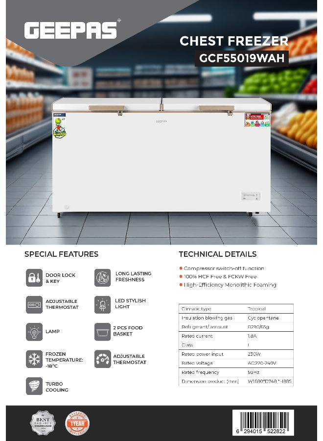 GEEPAS 550L Double Door Chest Freezer| Frozen Temperature -18°C HCF and FCKW Free| Highly Efficient Monolithic Foaming and Compressor Switch Off Function| Includes Lock and Key, 2 Food Baskets| 1 Year Warranty 550 L 230 W GCF55019WAH White