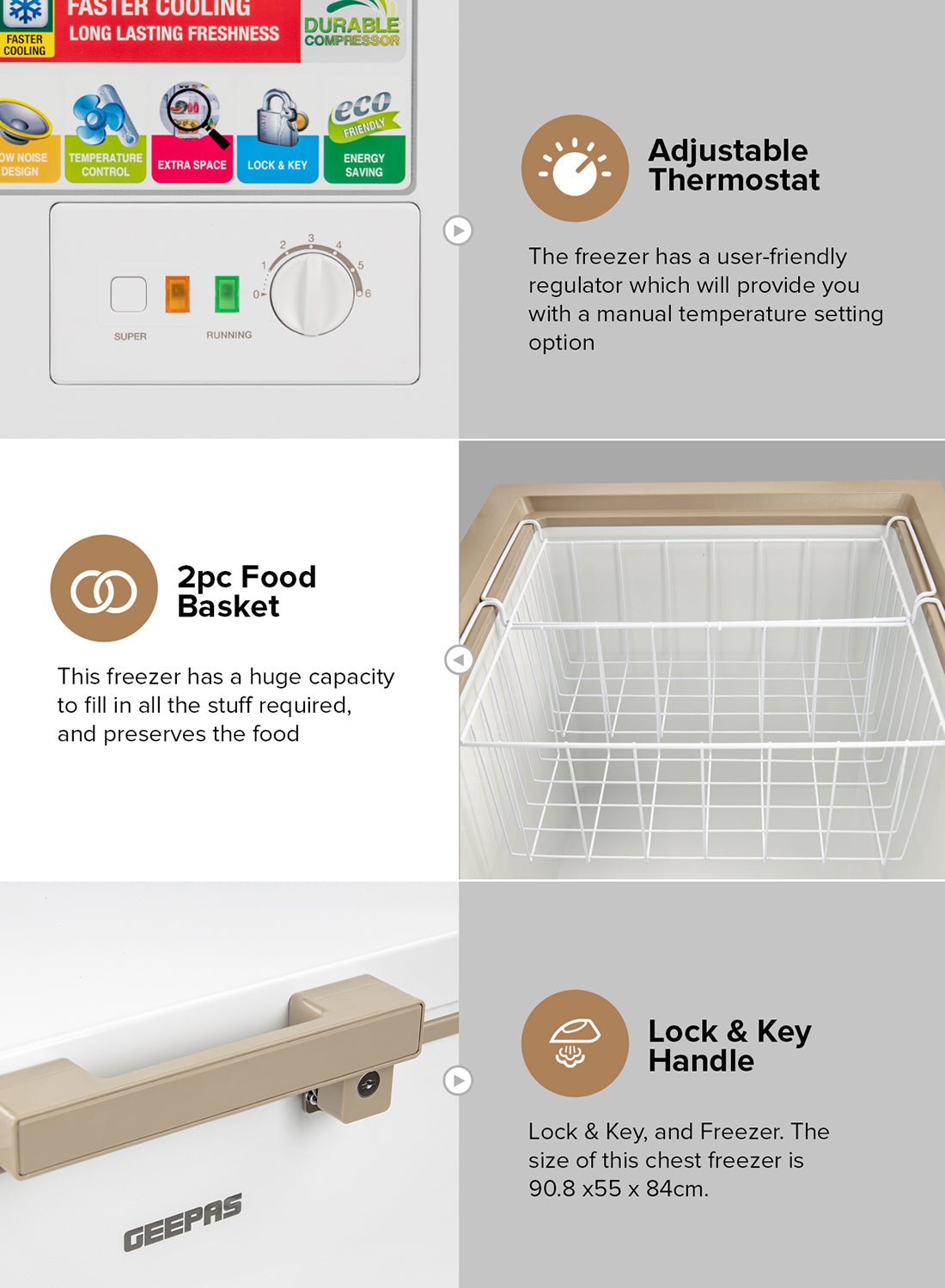 GEEPAS Chest Freezer, Freestanding Chest Freezer | 350L Deep Freezer with Adjustable Thermostat | 2pc Food Basket Included | LED Light | Comes with Lock & Key 350 L GCF3506WAH White