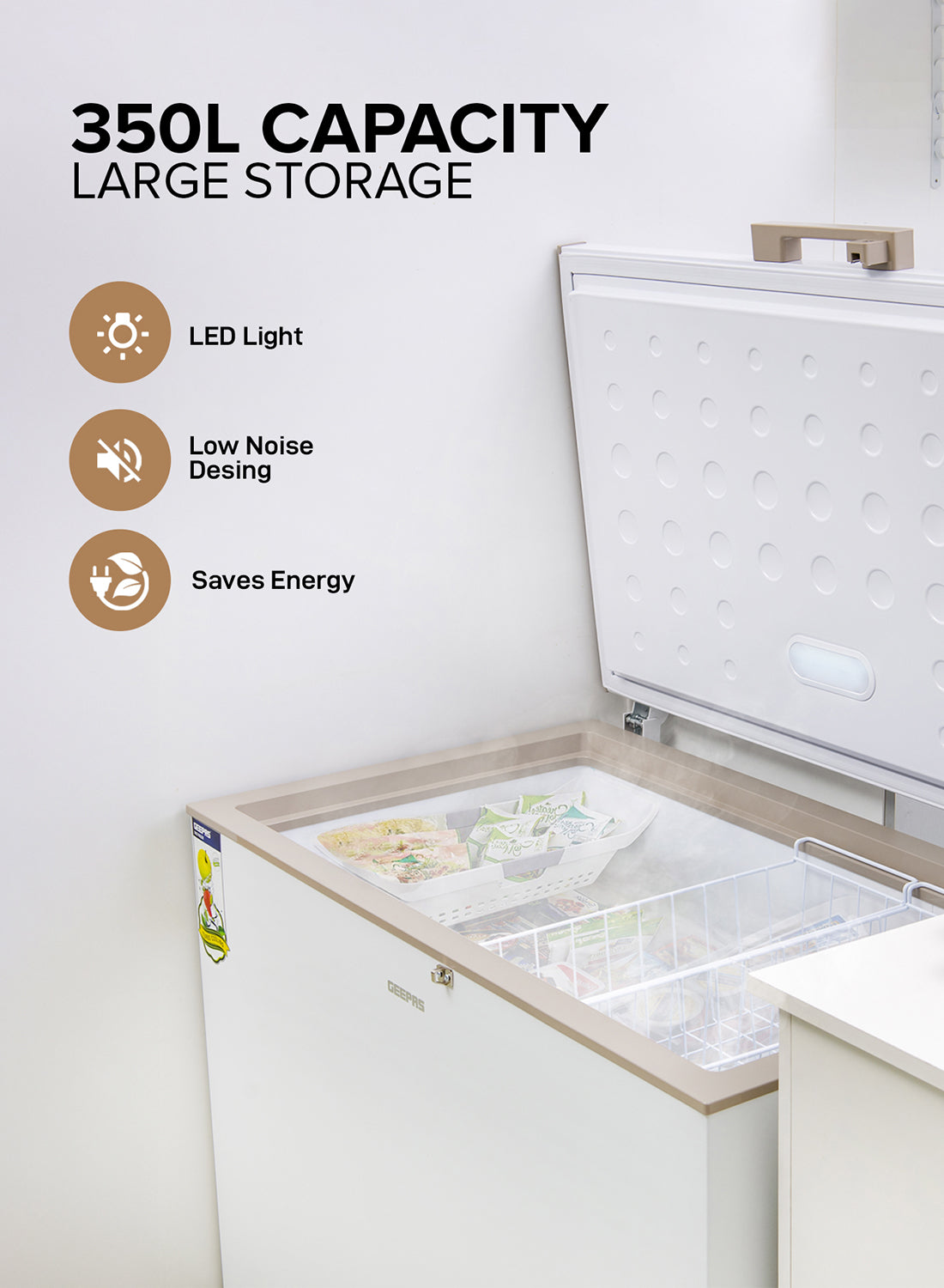 GEEPAS Chest Freezer, Freestanding Chest Freezer | 350L Deep Freezer with Adjustable Thermostat | 2pc Food Basket Included | LED Light | Comes with Lock & Key 350 L GCF3506WAH White