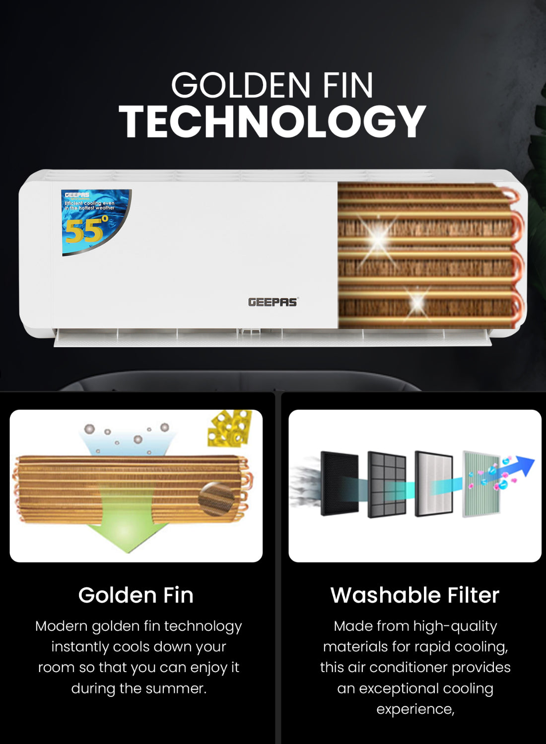 Geepas 1.0 Ton Split Type Air Conditioner 12000 BTU| LED Display, Auto Restart, Strong Airflow, Energy-Saving, Elegant Design| GACS1225CUE