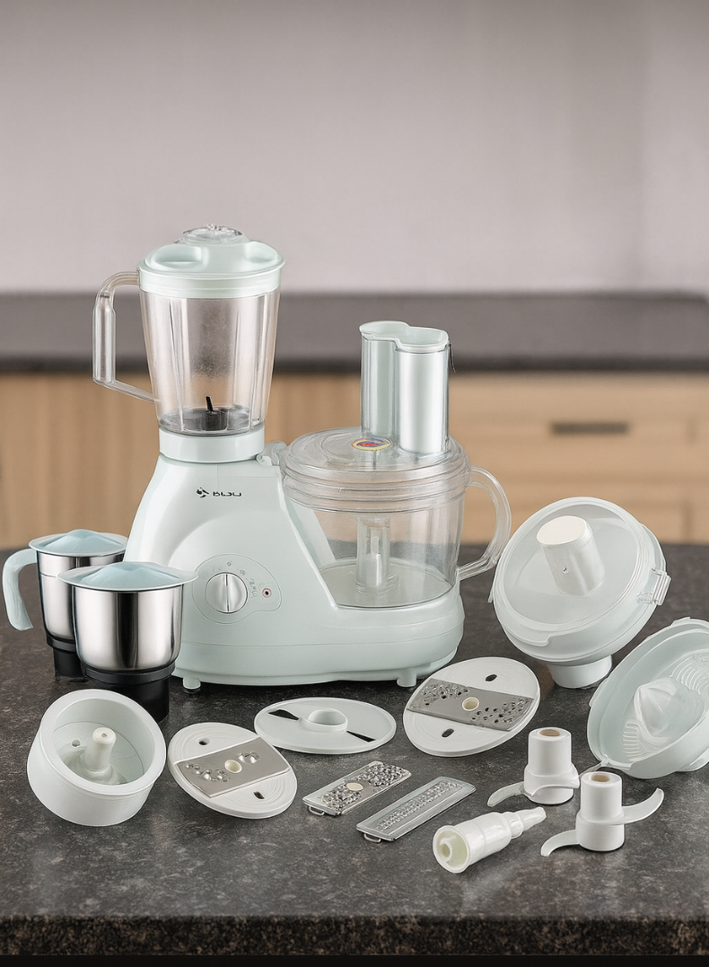 Bajaj 13 in 1 FX11 Food Factory Food Processor, Motor, Multiple Jars & Attachments, Stainless Steel Blades, Safety Lock & Overload Protection – 600 W 410524 blue
