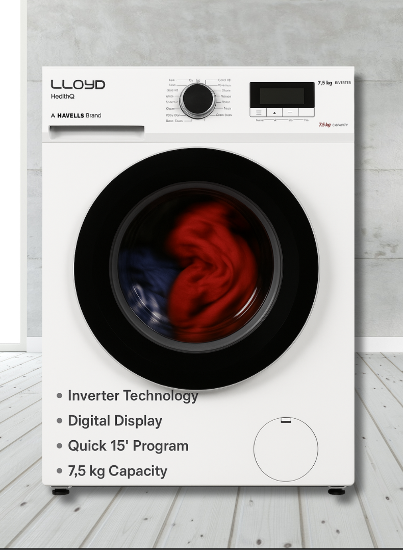 Lloyd 7 Kg Front Load Washing Machine, Model GLWF703POGWT04 – Energy-Efficient Inverter Motor, 1200 RPM Spin Speed, Multiple Wash Programs, LED Display, Child Lock, Quick Wash, White Finish – Ideal for Medium-Sized Households