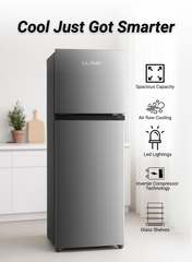 Lloyd 334 L Top Mount Refrigerator, Model GOFF364HWST1HC – Energy-Efficient Inverter Compressor, No-Frost Cooling Technology, Sleek Inox Finish, Multi-Air Flow System, Adjustable Glass Shelves, LED Lighting – Ideal for Homes & Offices