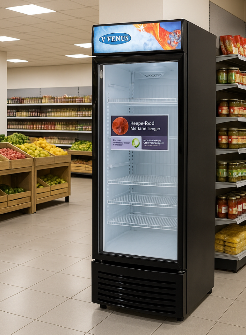 Venus 400L Upright Chiller | Heavy-Duty Compressor, Efficient Temperature Control, Low Power Consumption, Auto Closing Door, Rust-Free Metallic Body-VUSC401BL-One Year warranty.