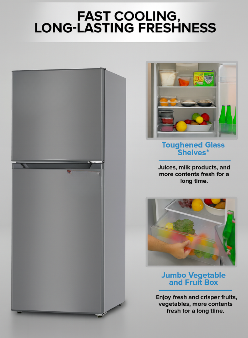 Venus 250L Double Door Refrigerator | No Frost, Stainless Steel Finish, Multi Cooling System, Tempered Glass Shelves, R600a Eco-Friendly Gas