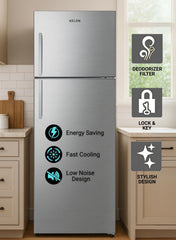 Kelon Double Door Top Mount Refrigerator, Large Crisper Drawer With Humidity Control KRD-32WRS1 Inox-One Year And Five Years compressor Warranty.