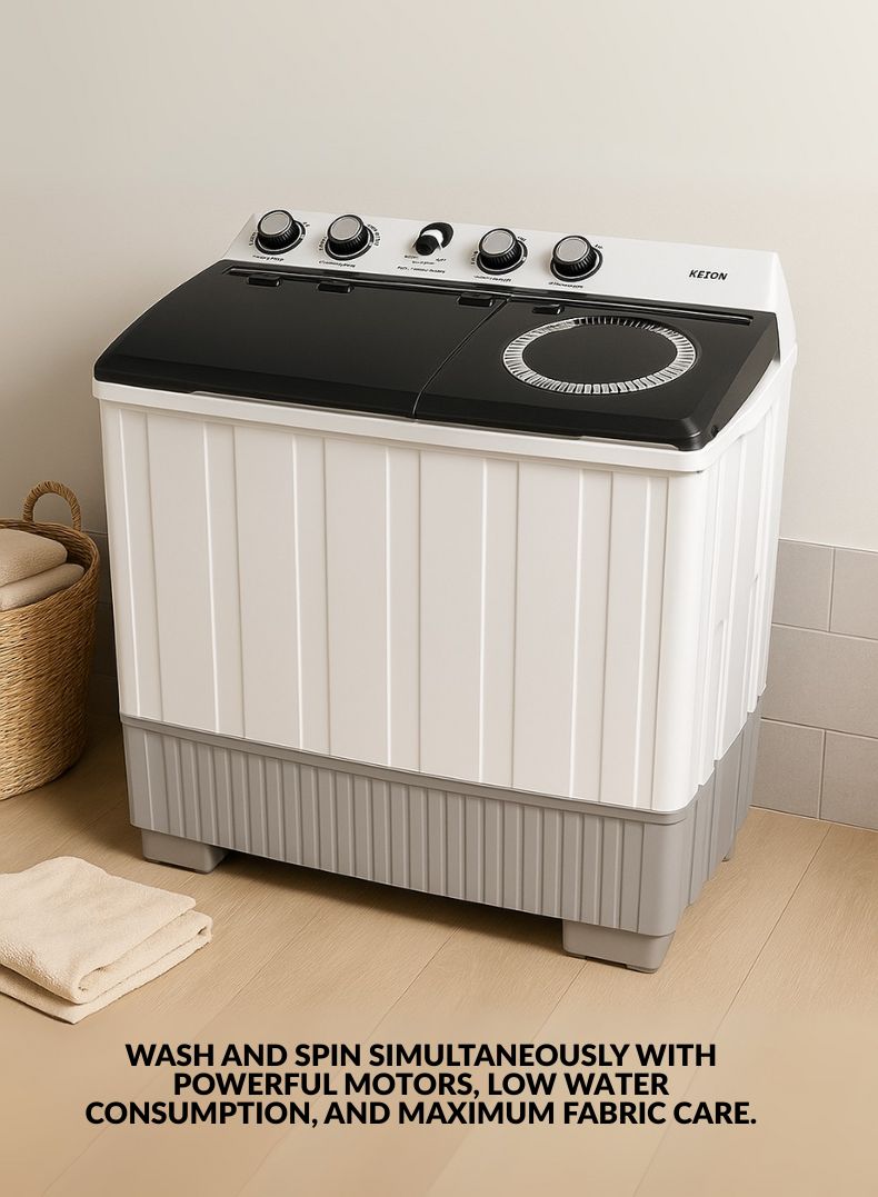 Kelon 10 kg Semi-Automatic Washing Machine – Twin Tub Design, Powerful Wash And Spin, Water And Energy Efficient, Rust-Resistant Body, Low Noise Operation, White Finish – Model KWSBE101 KWSBE101 White-One Year Warranty.