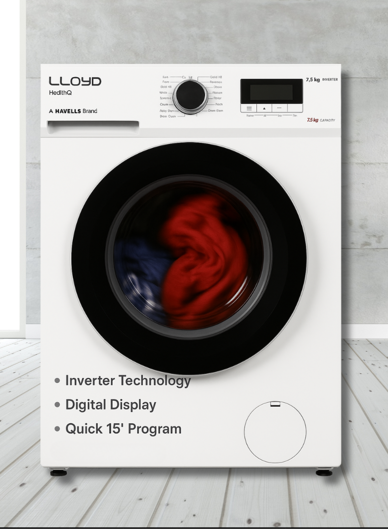 Lloyd 8 Kg Front Load Washing Machine, Model GLWF804POGWT04 – Energy-Efficient Inverter Motor, 1400 RPM Spin Speed, Multiple Wash Programs, Quick Wash, LED Display, Child Lock, White Finish – Ideal for Large Families and Heavy Laundry Loads