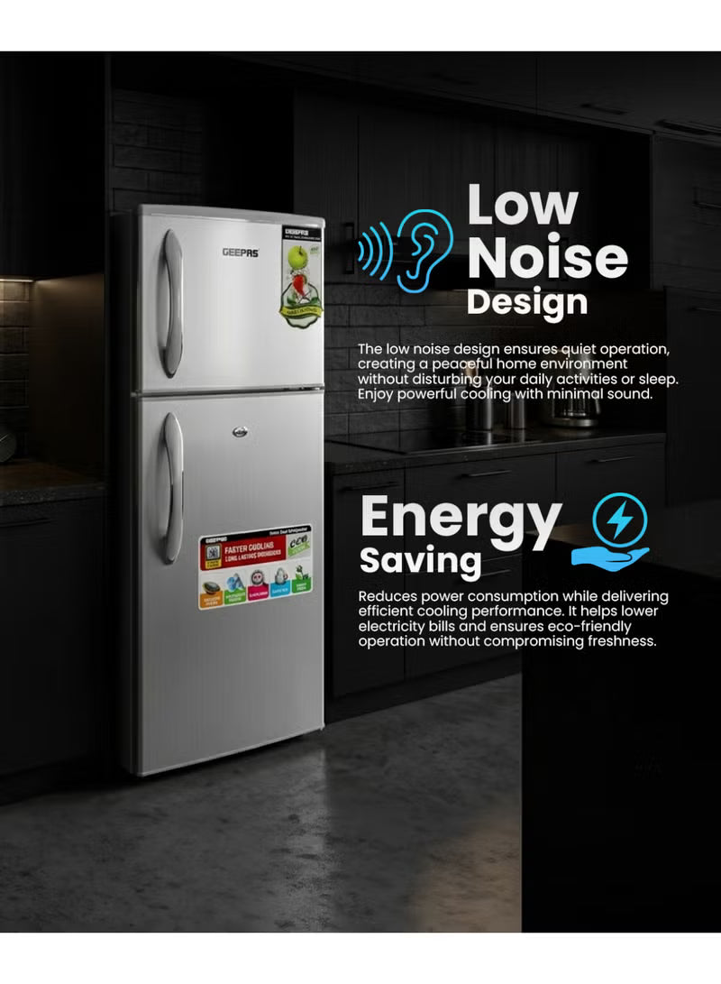 Geepas 190 L Gross/ 132L Net Capacity, Double Door Refrigerator | Durable Double Door Refrigerator, Fast Cooling & Preserves Freshness | Low Noise, Energy Efficient, In-Built Deodorizer, Tempered Glass Shelves | Freezer Capacity-34 L |