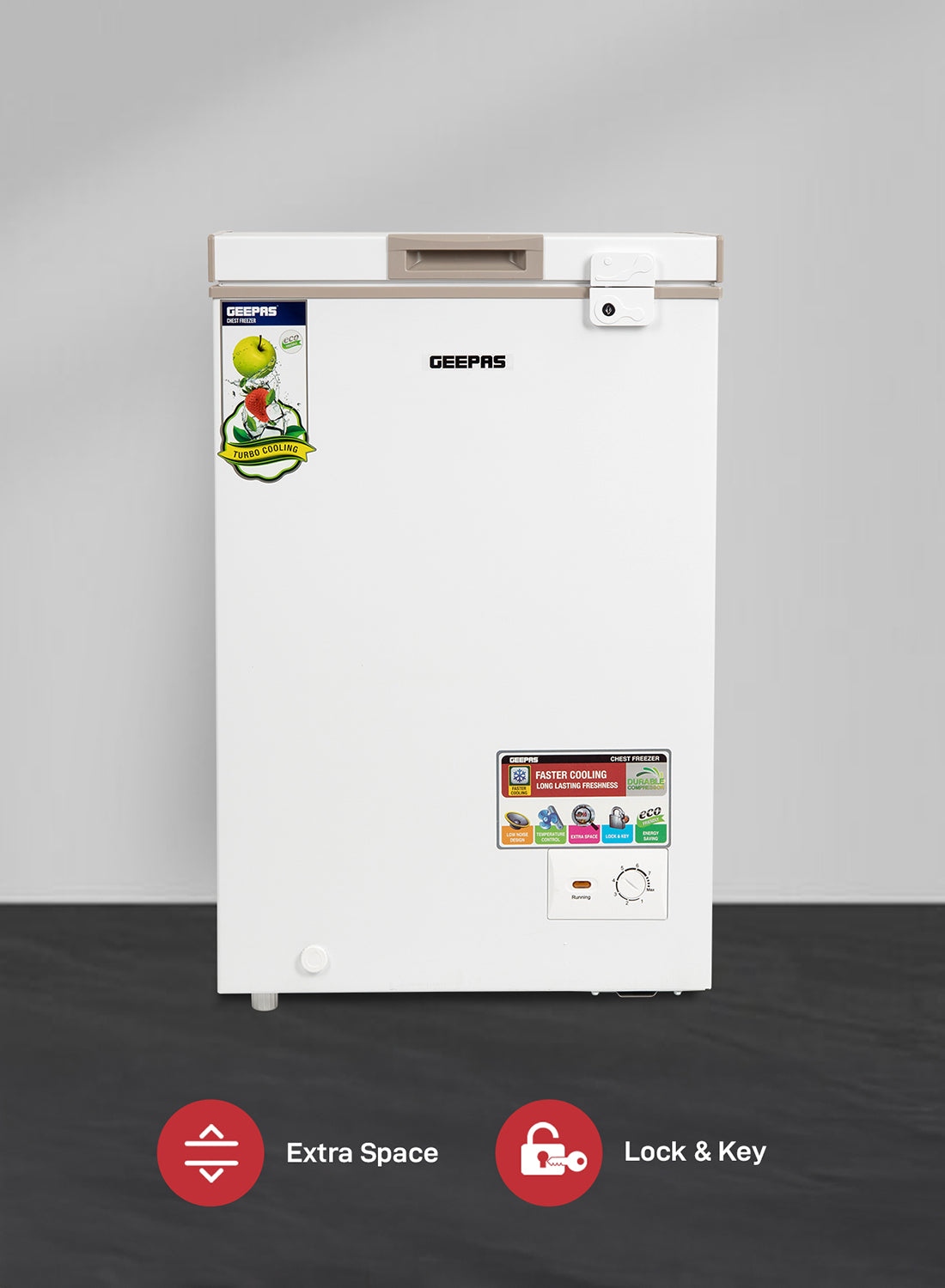 Geepas 120L Gross/100L Net Capacity Free Standing Chest Freezer With Compressor Switch Off Function, LED Light, Lock & Key, High Efficiency Monolithic Foaming, 1 Food Basket, Adjustable Thermostat 120 L 100 W GCF1206WAH White