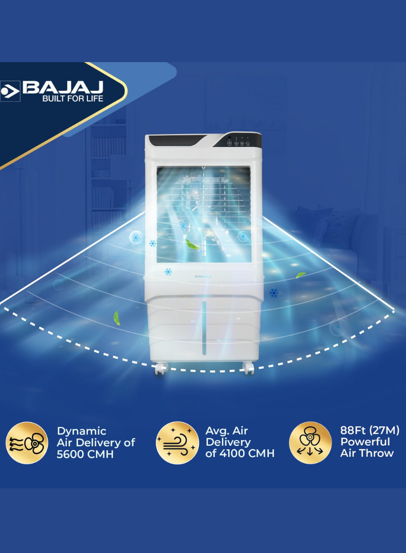 Bajaj Shield Series Elevate 90 Litres Digi Air Cooler – Digital Control Panel, Remote Operated Desert Cooler with Honeycomb Pads, Ice Chamber, Inverter Compatible, Energy Efficient Cooling for Large Spaces 480160 WHITE