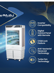 Bajaj Shield Series Elevate 90 Litres Digi Air Cooler – Digital Control Panel, Remote Operated Desert Cooler with Honeycomb Pads, Ice Chamber, Inverter Compatible, Energy Efficient Cooling for Large Spaces 480160 WHITE