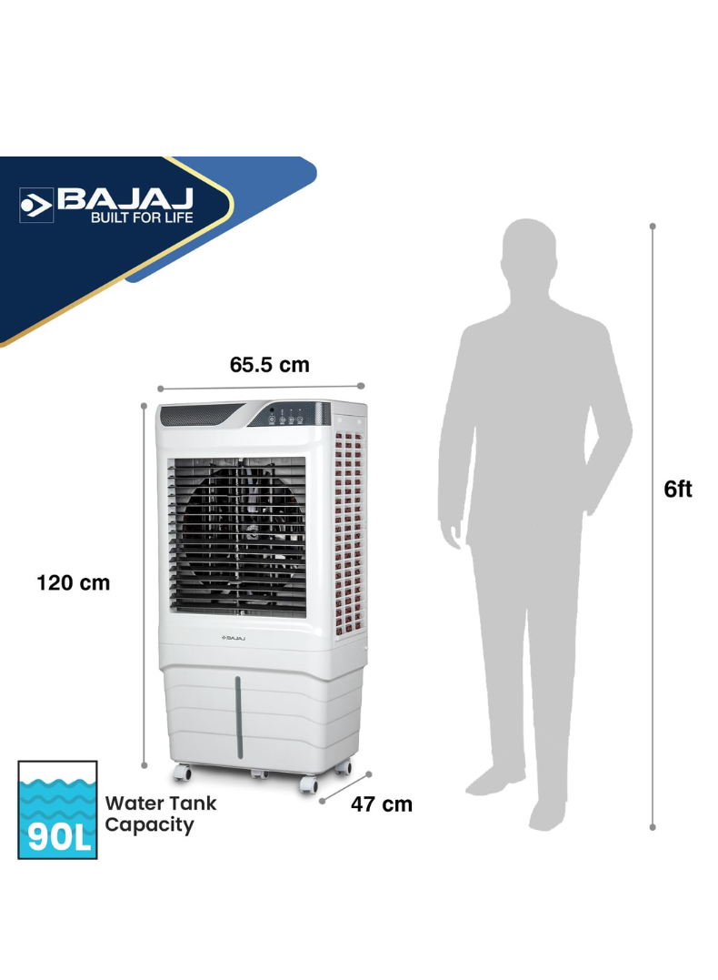 Bajaj Shield Series Elevate 90 Litres Digi Air Cooler – Digital Control Panel, Remote Operated Desert Cooler with Honeycomb Pads, Ice Chamber, Inverter Compatible, Energy Efficient Cooling for Large Spaces 480160 WHITE