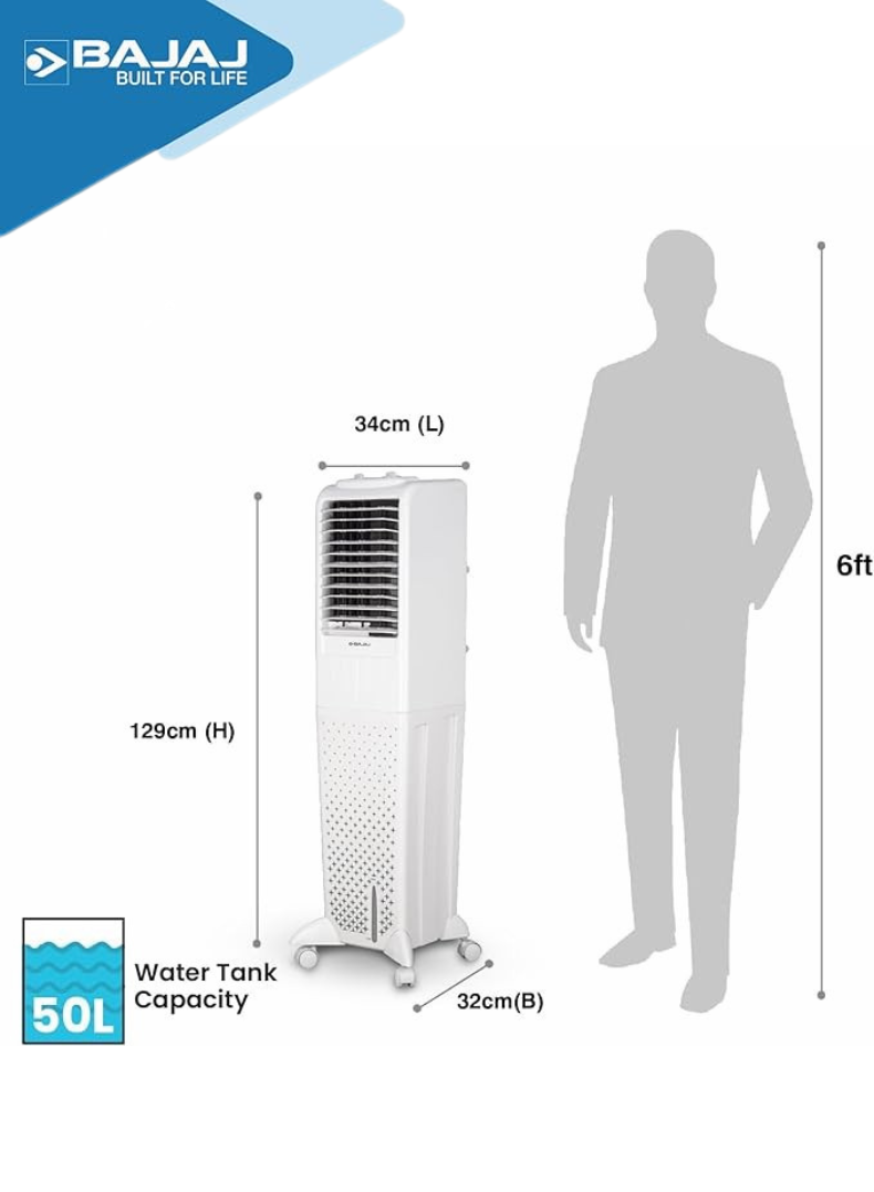 Bajaj TMH50 50L Tower Air Cooler with DuraMarine Pump (2-Yr Warranty), Hexacool & Typhoon Blower Technology, Ice Chamber, 30 Ft Air Throw, Portable AC for Home – White 480118 white