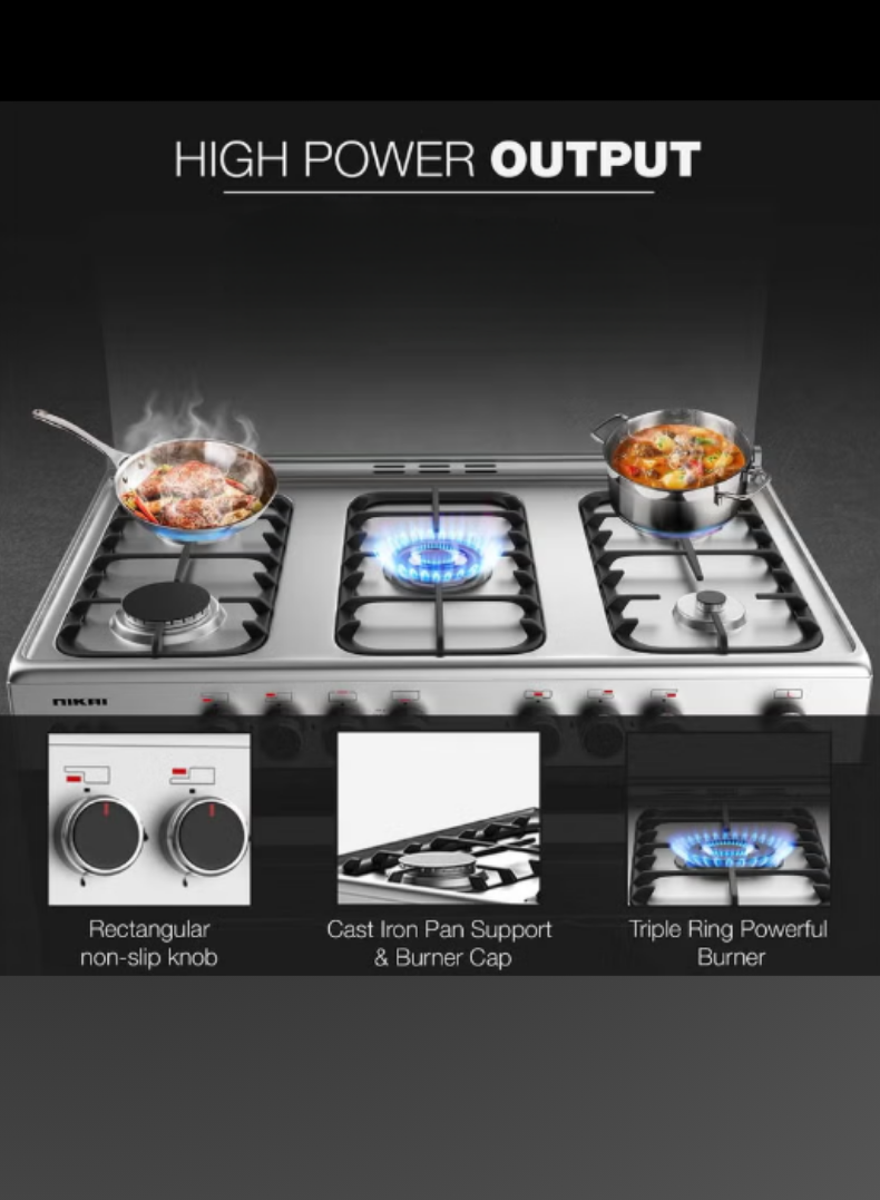 Venus 90x60 cm Stainless Steel Cooking Range | 5 Gas Burners with Triple Ring Burner | Full Gas Oven & Grill | Auto-Ignition | Durable Cast Iron Pan Supports | Family-Size Capacity – Model VC9060ESD