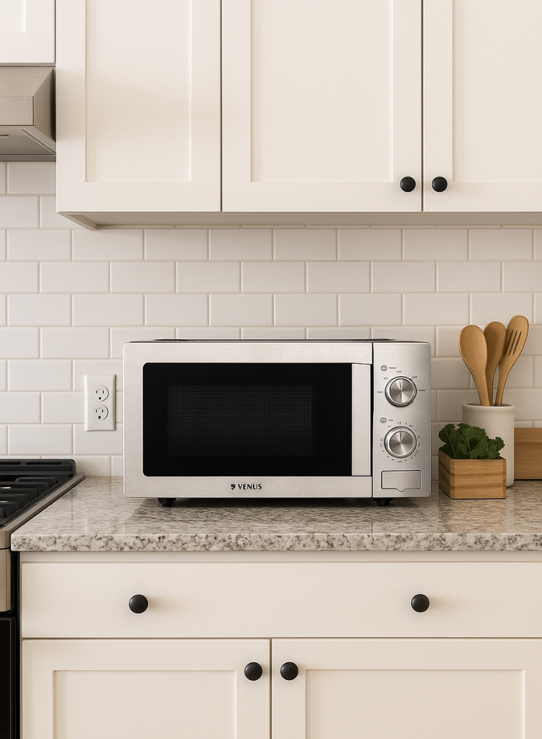 VENUS VMO-20SS 20L Microwave Oven | Silver, Stainless Steel Body, Chrome Finish Knobs, Push-Button Automatic Door – Compact & Stylish Design-one year warranty.