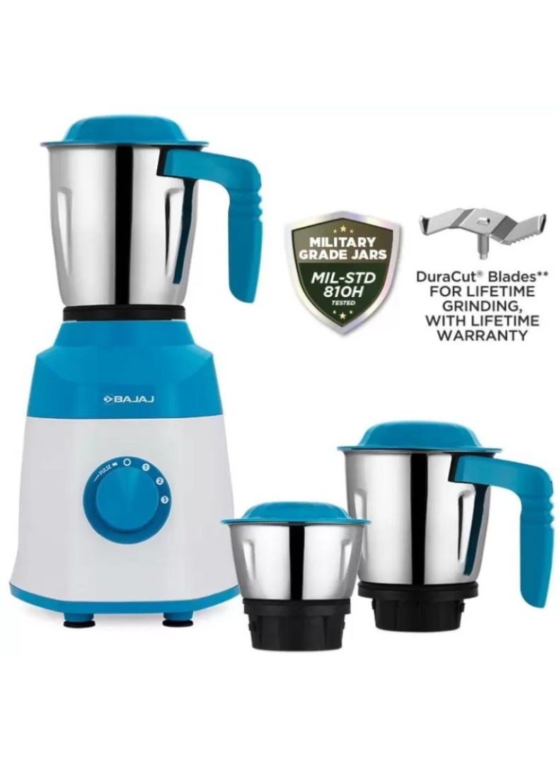 Bajaj Ninja Series Notch Mixer Grinder, Stylish French Blue Finish, 3 Multi-Purpose Jars with Stainless Steel Blades, 3-Speed Control with Incher, Overload Protection – 500 W 410600 blue