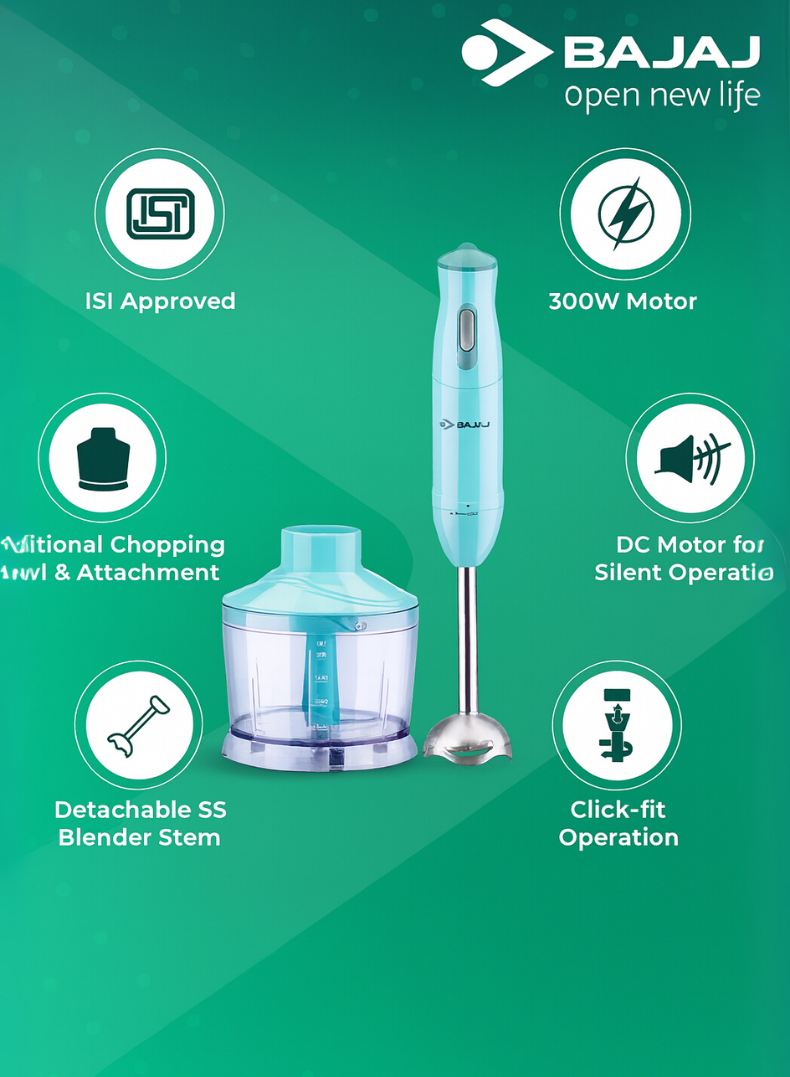 Bajaj HB 22 Hand Blender, 300W Powerful Motor, Stainless Steel Blade, Easy Grip Handle, Multipurpose Blending, 410536