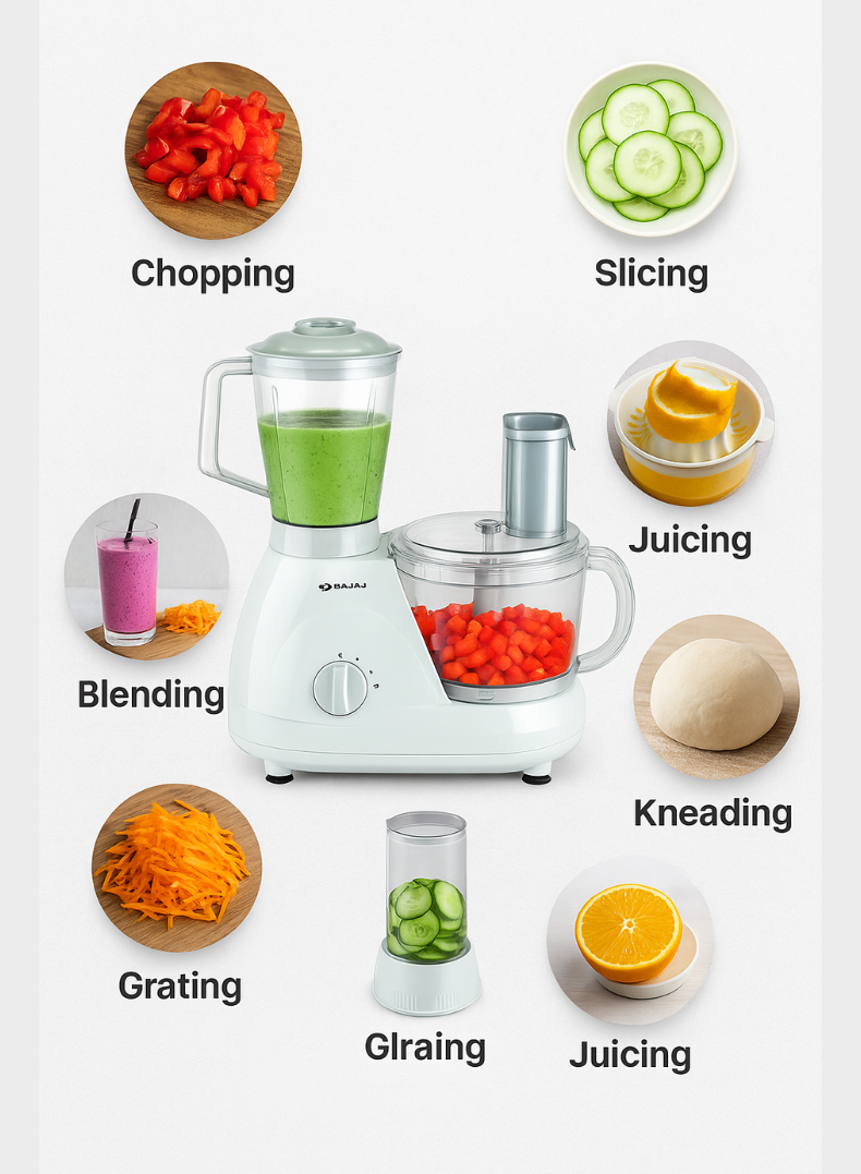 Bajaj 13 in 1 FX11 Food Factory Food Processor, Motor, Multiple Jars & Attachments, Stainless Steel Blades, Safety Lock & Overload Protection – 600 W 410524 blue