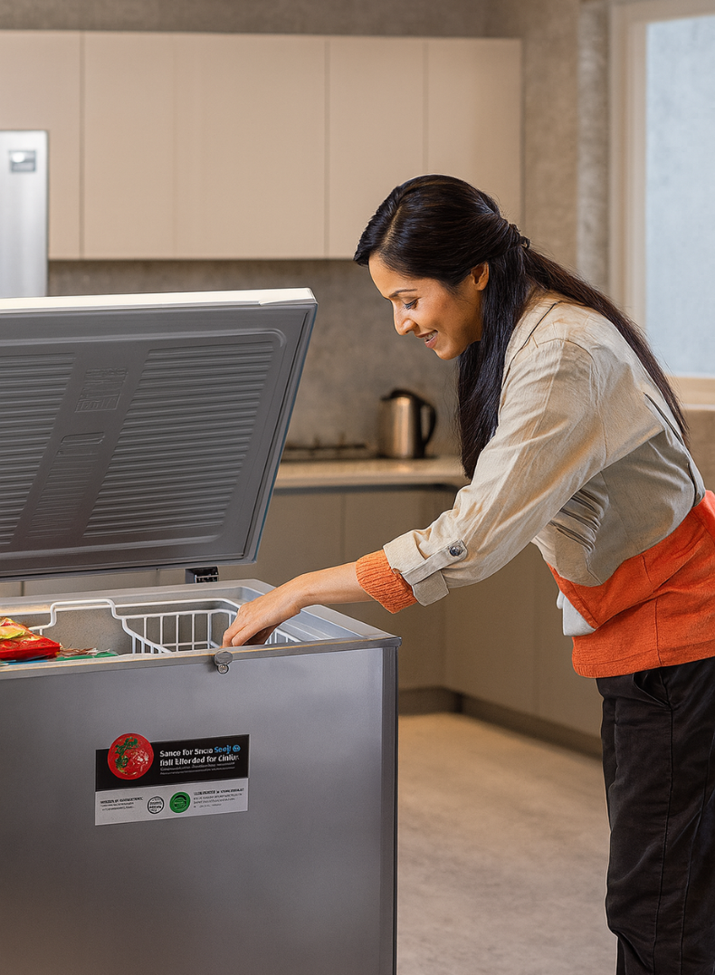 Venus Chest Freezer VCF350 – 250 Litres Gross Capacity, Heavy Duty Compressor, Glossy Silver Finish, R600a Eco-Friendly Refrigerant, Top Sliding Glass.