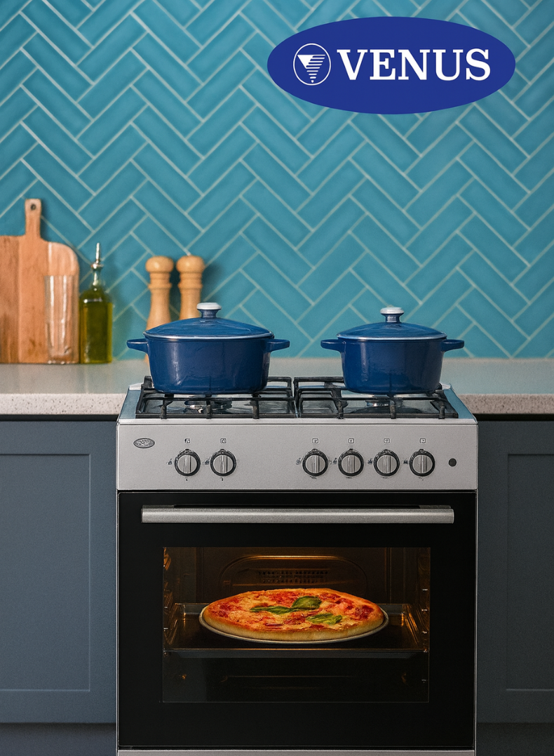 Venus 60x60 cm Stainless Steel Cooking Range | 4 Gas Burners | Gas Oven & Grill with Double Layer Insulation | Auto-Ignition | Compact Family Cooking Range – Model VC6040GSX