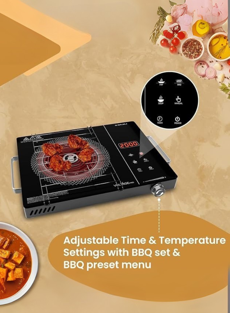 Bajaj IRX 220F Infrared Cooktop | 2200W High-Power Induction Alternative | Slim & Portable Infrared Cooking Stove with Touch Control, Overheat Protection & 8 Cooking Functions – 740311 BLACK