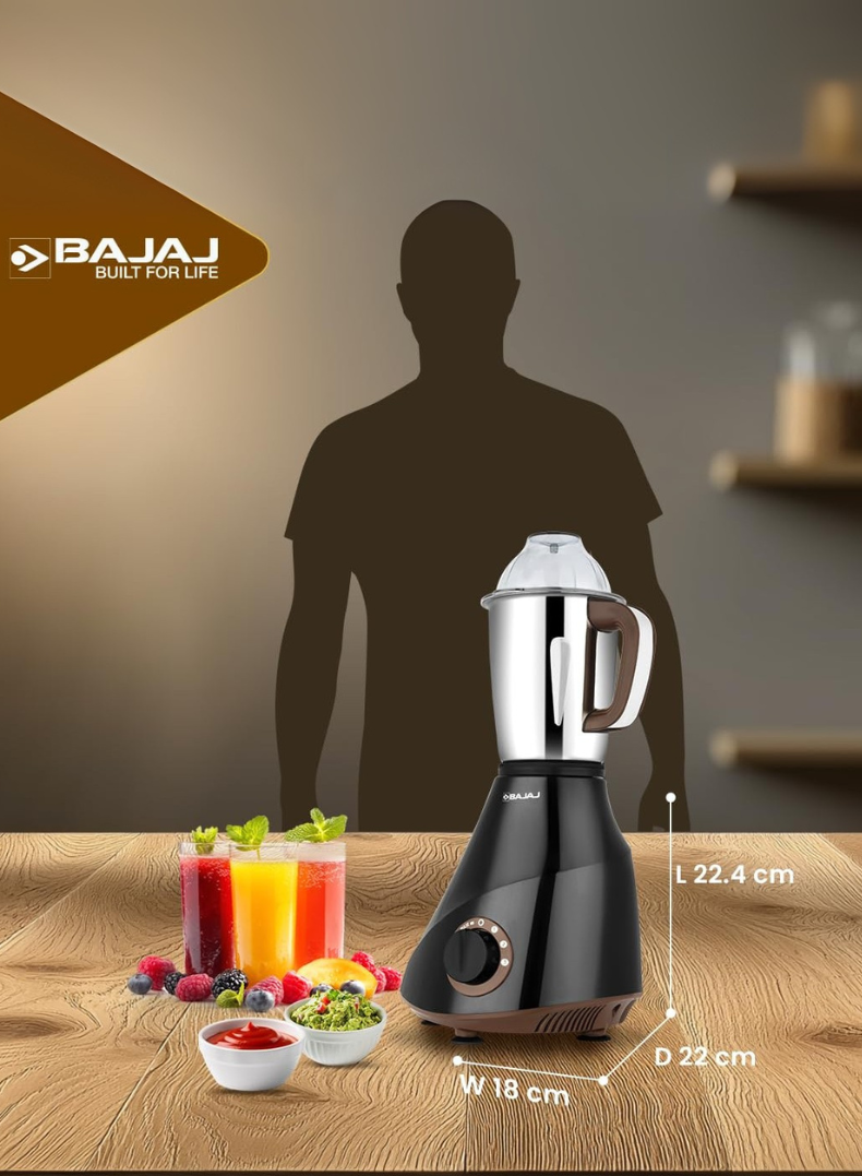 Bajaj Armor Series Quadramax Mixer Grinder, 4 Heavy-Duty Stainless Steel Jars, Hardened Blades, Overload Protection – 1000 W 410635 BLACK