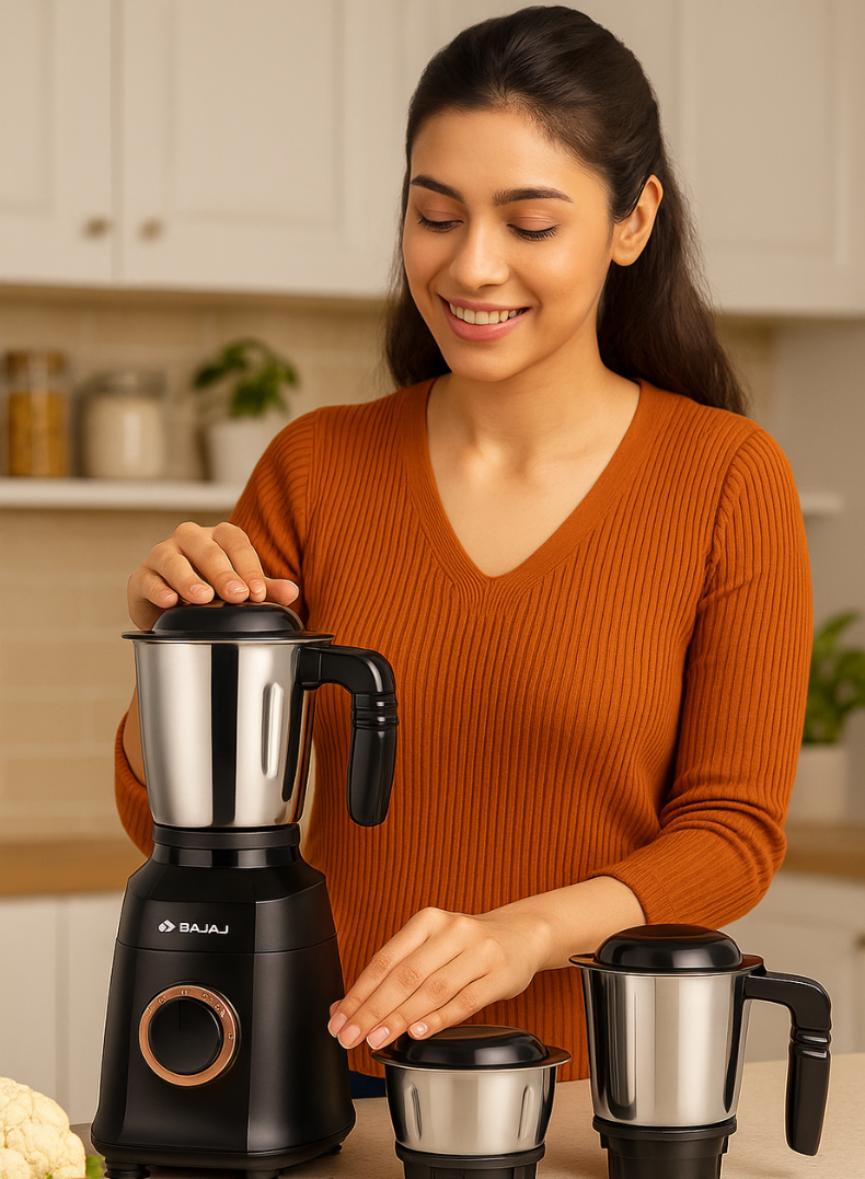 Bajaj Military Series Finesse Mixer Grinder, 4 Stainless Steel Jars, Heavy-Duty Blades, Overload Protection – Midnight Finish, 750 W 410592 black