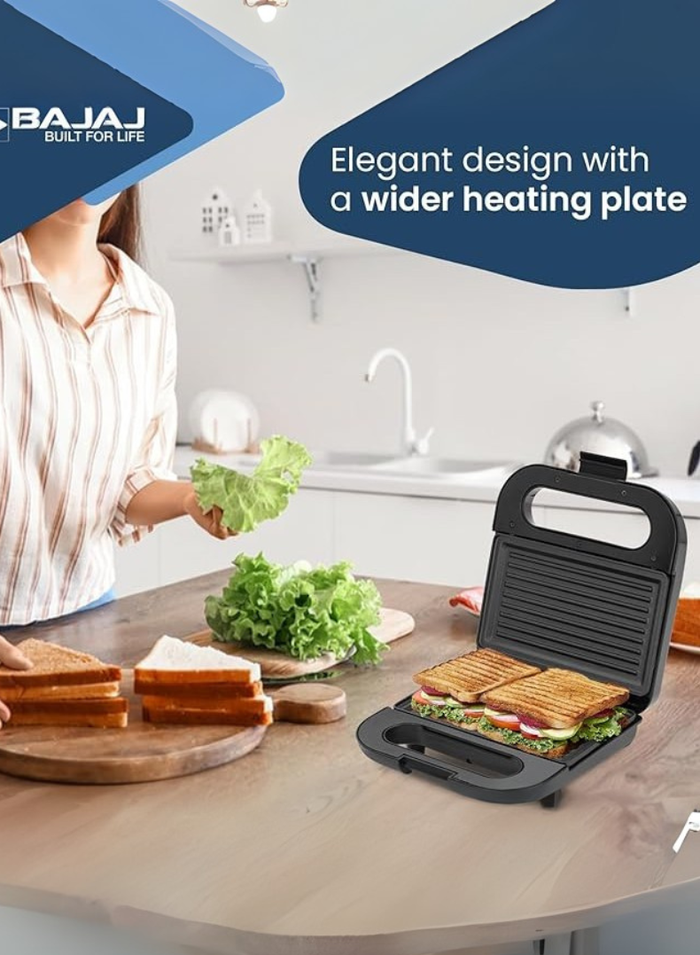 Bajaj SWX 6 2-Slice Sandwich Griller – Non-Stick Coated Plates, Buckle Clip Lock, Compact Upright Storage, Easy to Clean, Cool-Touch Body 800 W 270112 black
