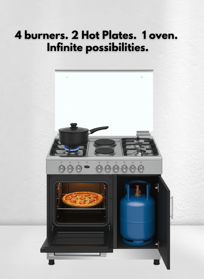 Venus 90x60 cm Stainless Steel Cooking Range | 4 Gas Burners + 2 Electric Hot Plates | Electric Oven & Grill | Auto-Ignition | Durable Cast Iron Pan Supports | Mechanical Timer| Model VC9642BCD