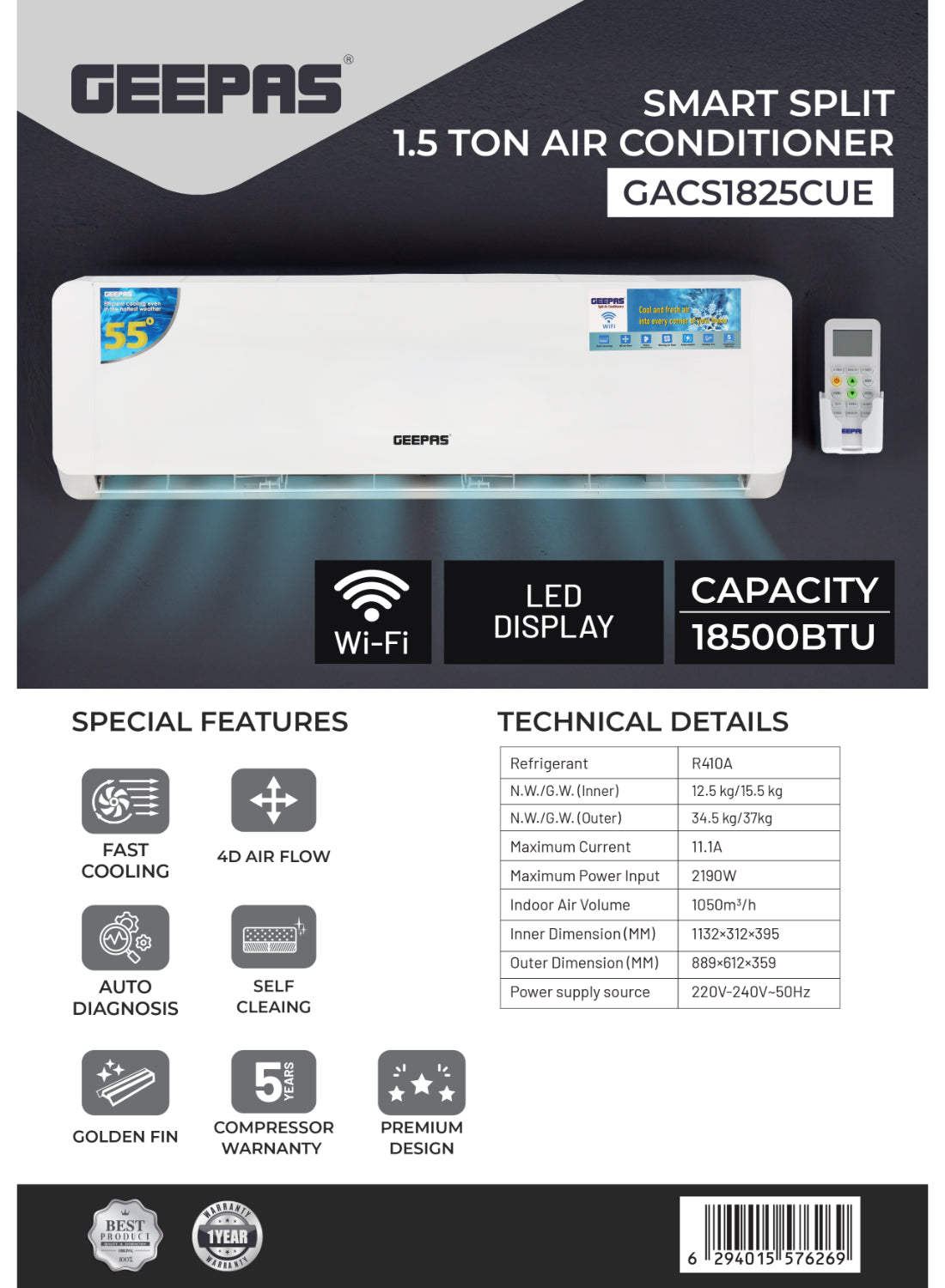 Geepas 1.5 Ton Split Type Air Conditioner| 18500 BTU Capacity LED Display, Auto Restart, Energy-Saving, Strong Airflow, Modern Design| GACS1825CUE