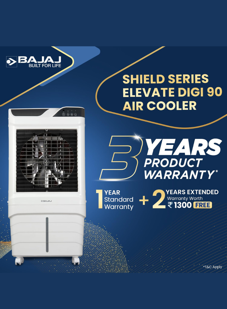 Bajaj Shield Series Elevate 90 Litres Digi Air Cooler – Digital Control Panel, Remote Operated Desert Cooler with Honeycomb Pads, Ice Chamber, Inverter Compatible, Energy Efficient Cooling for Large Spaces 480160 WHITE