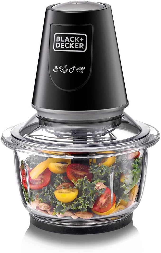 BLACK+DECKER Multi-Function Glass Chopper & Mincer, 400W, XXL 1.2L Bowl, 4-Blade System, Pulse Speed for Precision, Ice Crushing, Compact Sleek Black Design, Easy to Clean, Black - GC400-B5