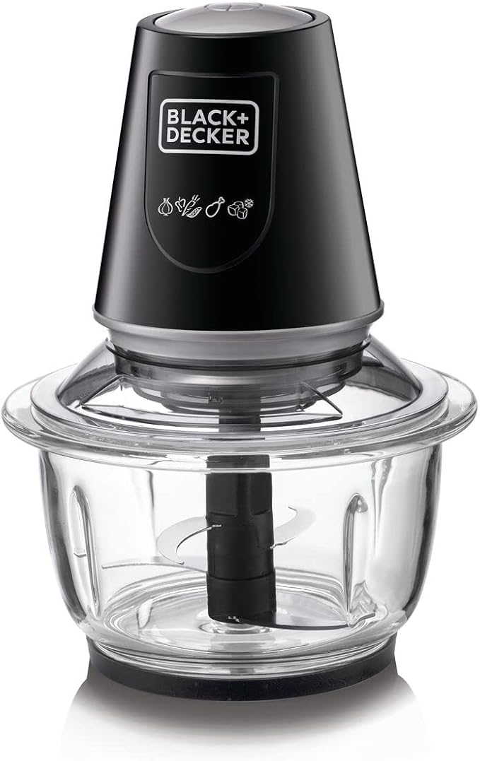 BLACK+DECKER Multi-Function Glass Chopper & Mincer, 400W, XXL 1.2L Bowl, 4-Blade System, Pulse Speed for Precision, Ice Crushing, Compact Sleek Black Design, Easy to Clean, Black - GC400-B5