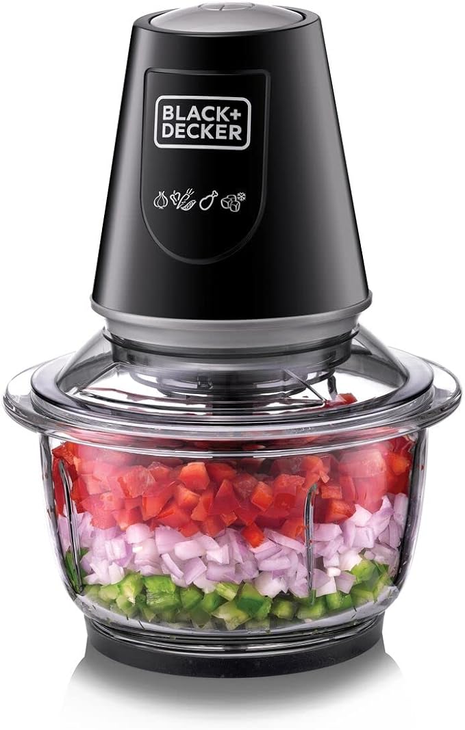 BLACK+DECKER Multi-Function Glass Chopper & Mincer, 400W, XXL 1.2L Bowl, 4-Blade System, Pulse Speed for Precision, Ice Crushing, Compact Sleek Black Design, Easy to Clean, Black - GC400-B5