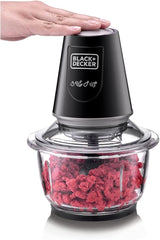 BLACK+DECKER Multi-Function Glass Chopper & Mincer, 400W, XXL 1.2L Bowl, 4-Blade System, Pulse Speed for Precision, Ice Crushing, Compact Sleek Black Design, Easy to Clean, Black - GC400-B5