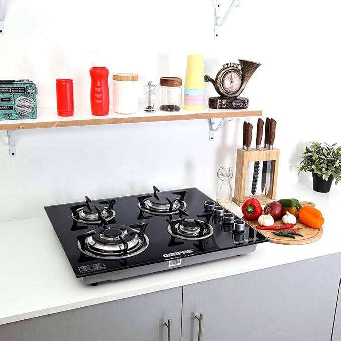 Geepas GK4410 4-Burner Gas Cooker-Tempered Glass Worktop, Automatic Ignition, 4 heating Zones-2 Year warranty