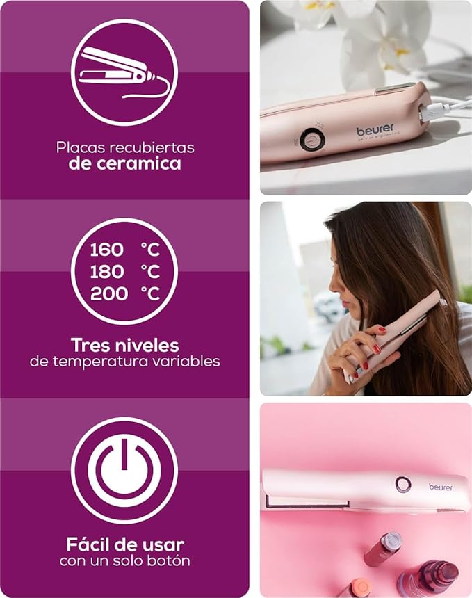 Beurer HS20 Cordless Rechargeable Hair Straightener With USB Charging Cable, 3 Fast-Heating Temperature Settings And Heat-Resistant Cover, Ideal For Travelling