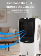 Bajaj Shield Series Mighty 115 Litres Desert Air Cooler – Heavy-Duty Cooler with Powerful Air Delivery, Honeycomb Pads, Ice Chamber, Inverter Compatible, Energy Efficient Cooling for Large Halls, Shops & Outdoor Spaces 480145 white