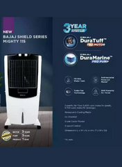 Bajaj Shield Series Mighty 115 Litres Desert Air Cooler – Heavy-Duty Cooler with Powerful Air Delivery, Honeycomb Pads, Ice Chamber, Inverter Compatible, Energy Efficient Cooling for Large Halls, Shops & Outdoor Spaces 480145 white