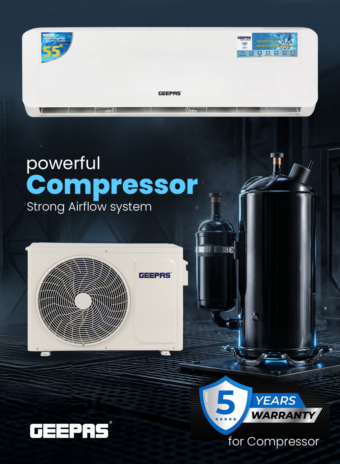 Geepas 1.5 Ton Split Type Air Conditioner| 18500 BTU Capacity LED Display, Auto Restart, Energy-Saving, Strong Airflow, Modern Design| GACS1825CUE
