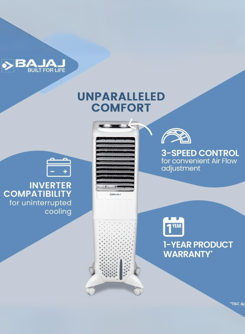 Bajaj TMH 35 Litres Personal Air Cooler – Compact & Powerful Cooler with Honeycomb Pads, High Air Delivery, Ice Chamber, Inverter Compatible, Energy Efficient Cooling for Bedrooms & Offices 480108 White