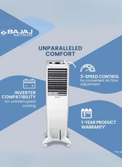 Bajaj TMH 35 Litres Personal Air Cooler – Compact & Powerful Cooler with Honeycomb Pads, High Air Delivery, Ice Chamber, Inverter Compatible, Energy Efficient Cooling for Bedrooms & Offices 480108 White