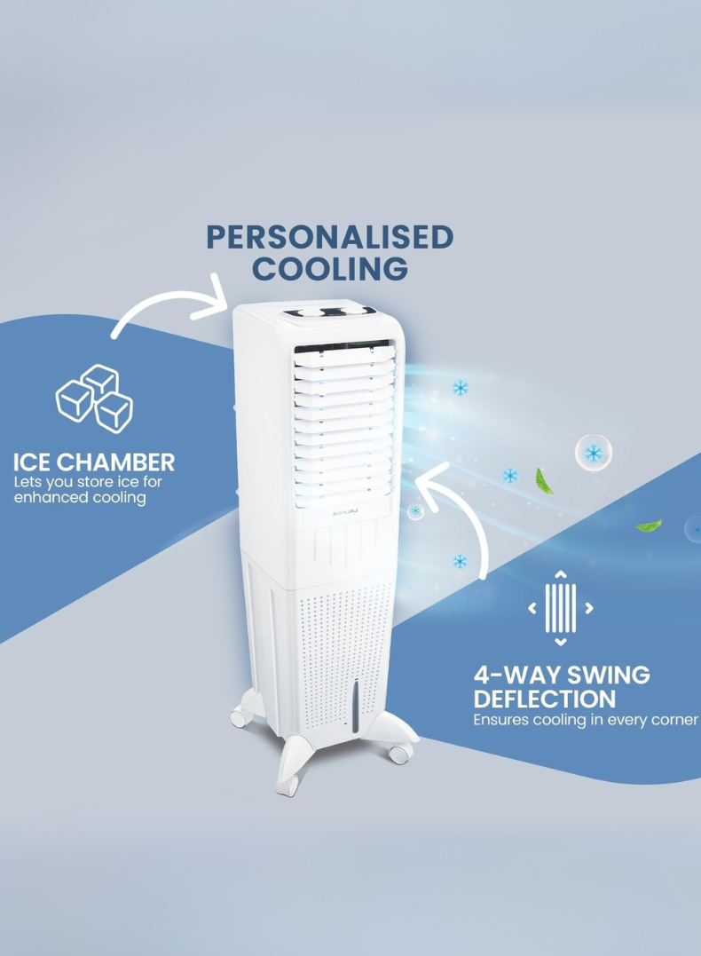 Bajaj TMH 35 Litres Personal Air Cooler – Compact & Powerful Cooler with Honeycomb Pads, High Air Delivery, Ice Chamber, Inverter Compatible, Energy Efficient Cooling for Bedrooms & Offices 480108 White